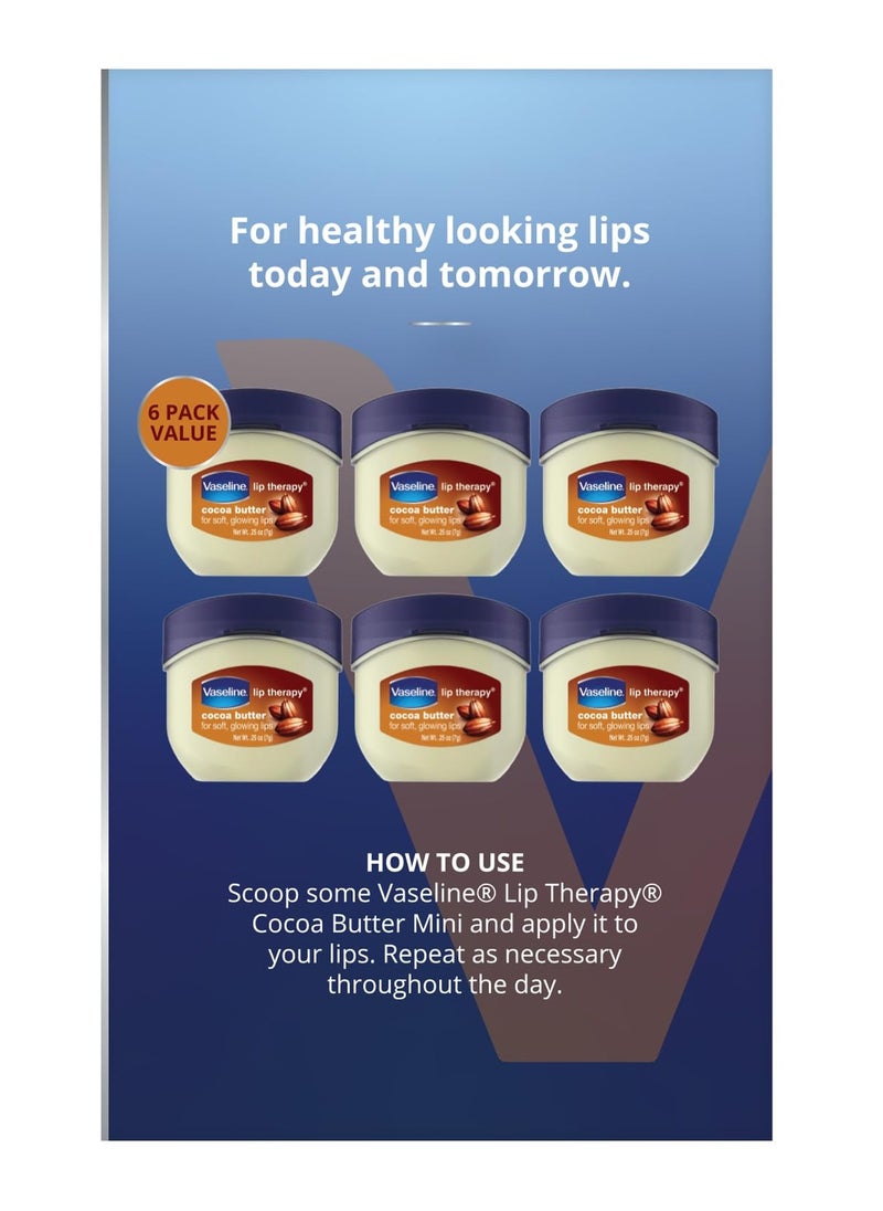 Vaseline Lip Therapy Cocoa Butter Mini, White Petrolatum, Advanced Moisturizer, Relieves Dull and Dry Skin, Mini Vaseline Petroleum Jelly, Soft & Smooth Vaseline Lips (Pack of 6-0.25 Oz Ea)