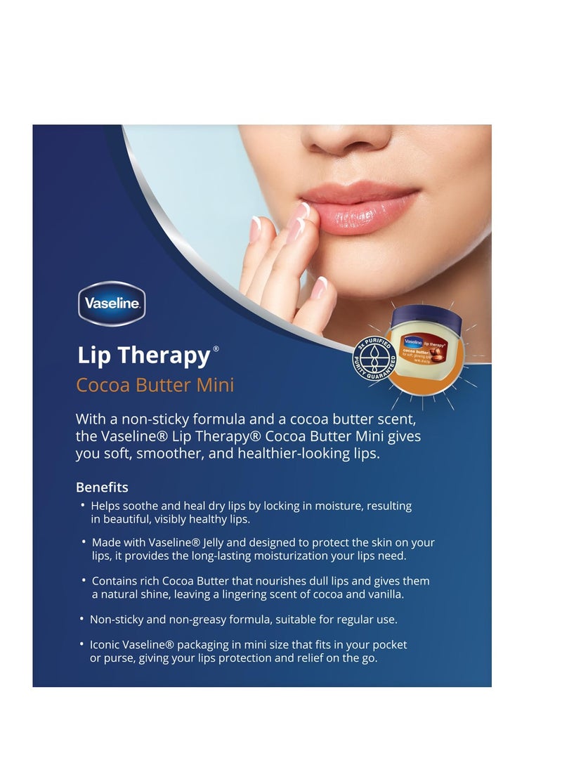 Vaseline Lip Therapy Cocoa Butter Mini, White Petrolatum, Advanced Moisturizer, Relieves Dull and Dry Skin, Mini Vaseline Petroleum Jelly, Soft & Smooth Vaseline Lips (Pack of 6-0.25 Oz Ea)