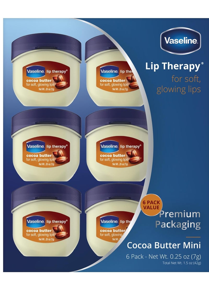 Vaseline Lip Therapy Cocoa Butter Mini, White Petrolatum, Advanced Moisturizer, Relieves Dull and Dry Skin, Mini Vaseline Petroleum Jelly, Soft & Smooth Vaseline Lips (Pack of 6-0.25 Oz Ea)