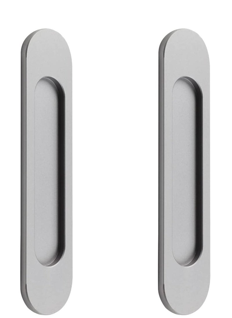 Self-Stick Oval Sliding Door Pulls, 2pcs Matte Gold Aluminum Alloy Flush Pull Punch-Free Handle for Sliding Barn Door Windows Cabinets (Matte Gray)