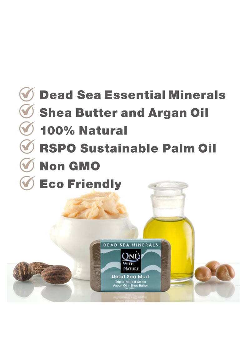 One With Nature 7 Oz Variety 3Pk-Mud, Activated Charcoal, and Dead Sea Salt Soap with Argan Oil & Shea Butter - Dead Sea Salt Contains Magnesium, Sulfur & 21 Essential Minerals - Acne, Eczema