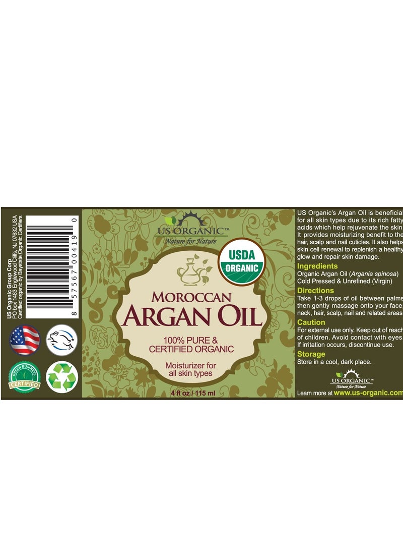 US Organic Moroccan Argan Oil, USDA Certified Organic,100% Pure & Natural, Cold Pressed Virgin, Unrefined, 4 Oz in Amber Glass Bottle with Glass Eye Dropper for Easy Application. Sourced from Morocco.