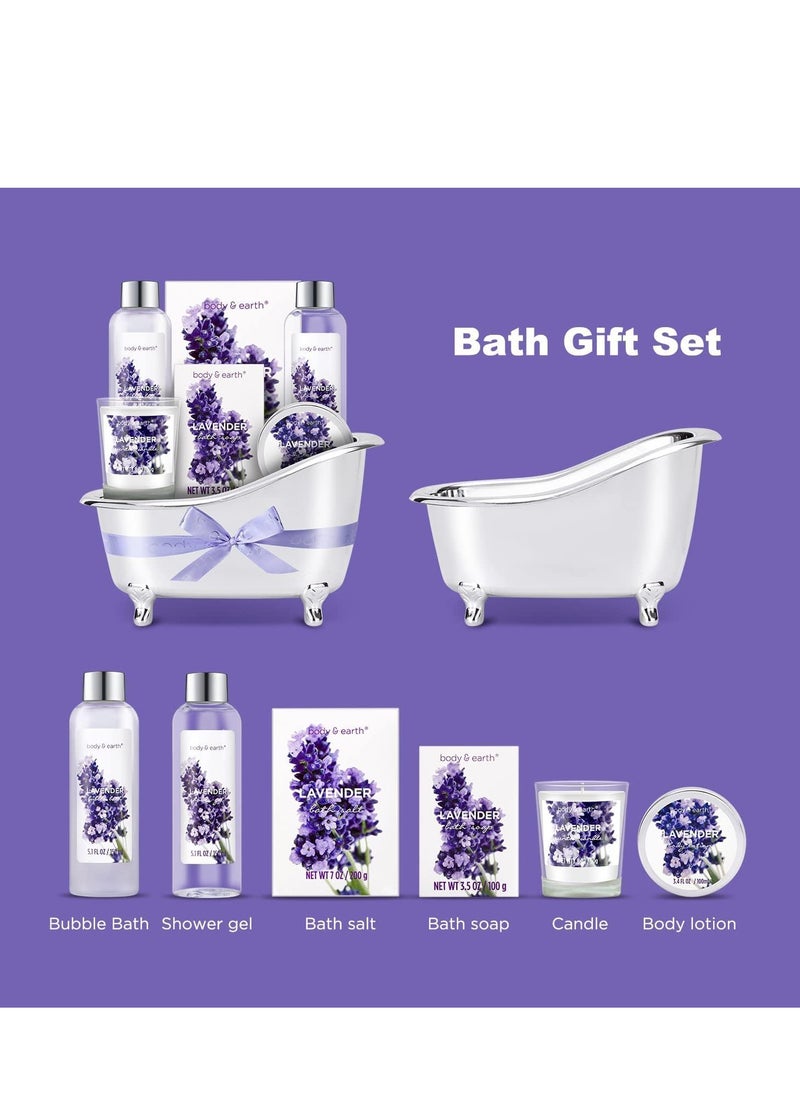 Bath Spa Gift Basket for Women, Body & Earth Lavender Scented 4 Pcs Home Spa Gift Kit with Shower Gel, Bubble Bath, Bath Salts and Bath Soap, Best Gift for Her