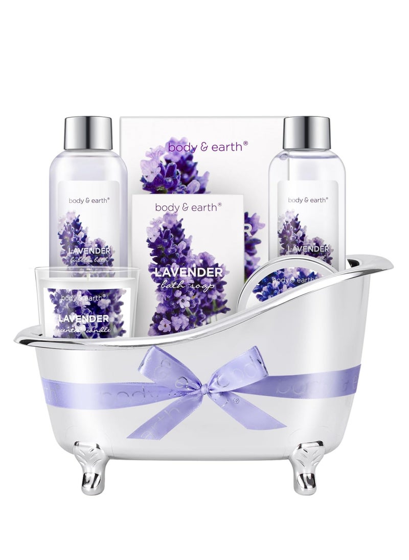 Bath Spa Gift Basket for Women, Body & Earth Lavender Scented 4 Pcs Home Spa Gift Kit with Shower Gel, Bubble Bath, Bath Salts and Bath Soap, Best Gift for Her