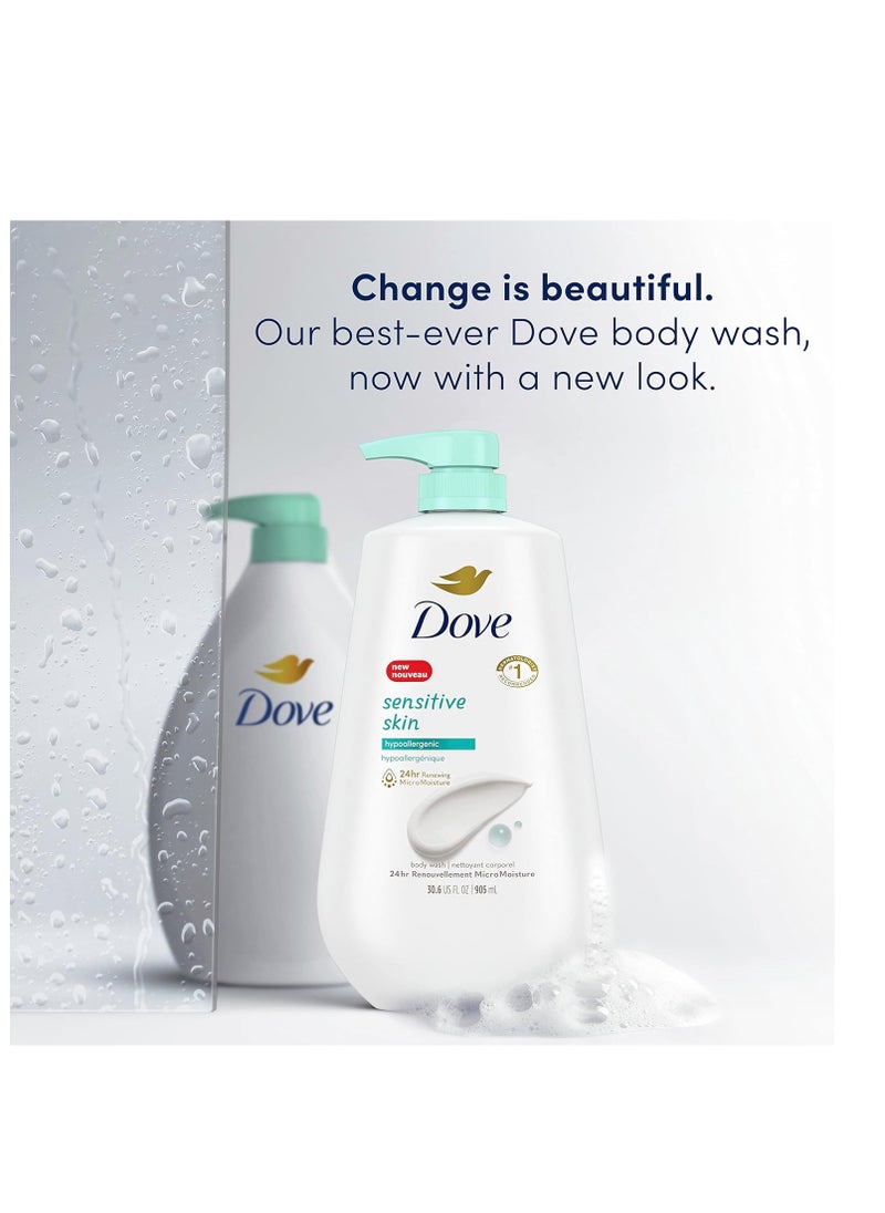 Dove Body Wash 3 Count with Pump Sensitive Skin Hypoallergenic, Paraben-Free, Sulfate-Free, Cruelty-Free, Moisturizing Skin Cleanser Effectively Washes Away Bacteria While Nourishing Skin 30.6 oz