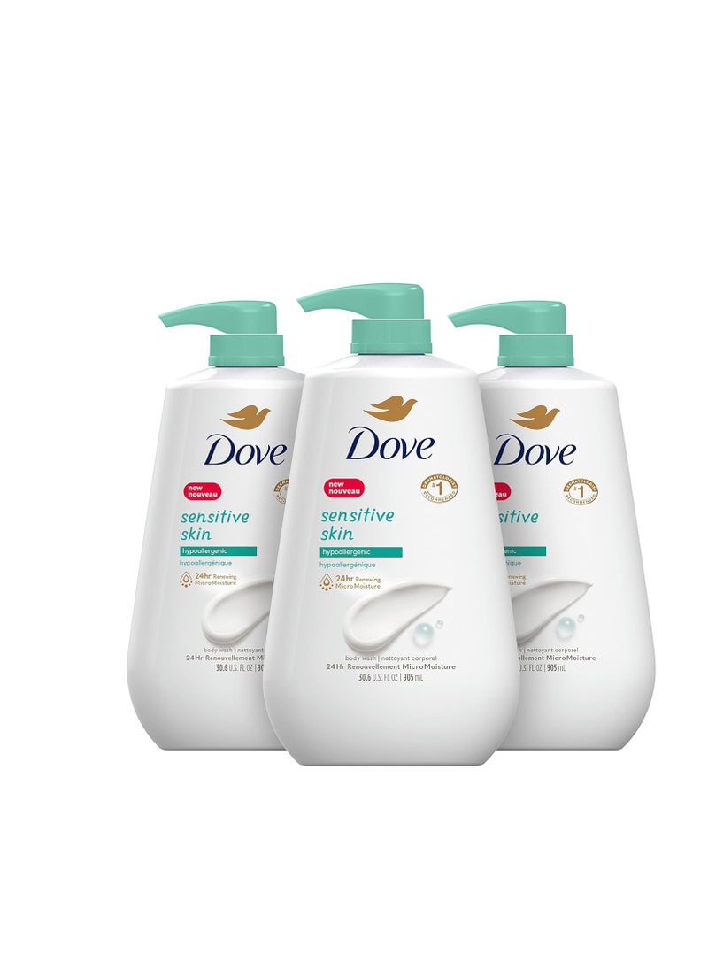 Dove Body Wash 3 Count with Pump Sensitive Skin Hypoallergenic, Paraben-Free, Sulfate-Free, Cruelty-Free, Moisturizing Skin Cleanser Effectively Washes Away Bacteria While Nourishing Skin 30.6 oz