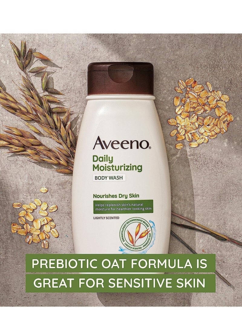 Aveeno Daily Moisturizing Body Wash for Dry & Sensitive Skin with Prebiotic Oat, Hydrating Body Wash Nourishes Dry Skin & Gently Cleanses, Light Fragrance, Sulfate-Free, 18 fl. oz, Pack of 2