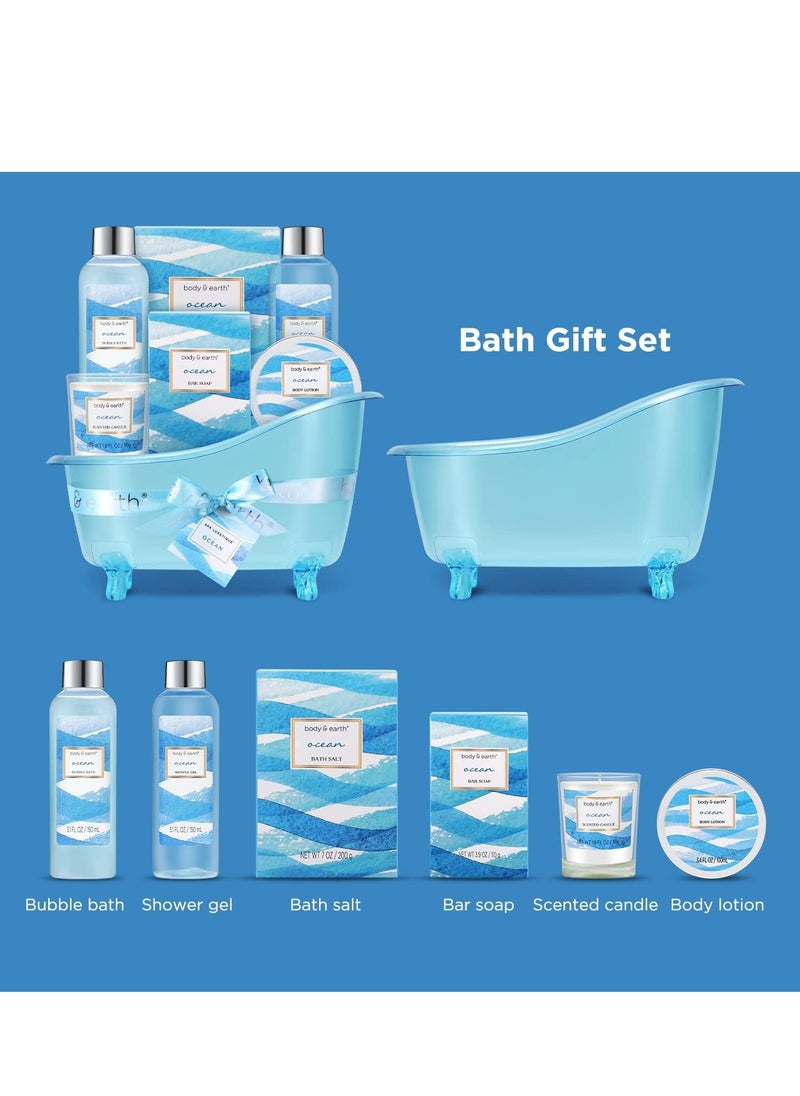 Bath Gift Set for Women,Body & Earth Home Spa Kit Scented with Ocean,Bath and Body Gift Basket Set,Spa Gifts for Women,7 Pcs Bath Set,Best Gift Ideal for Her