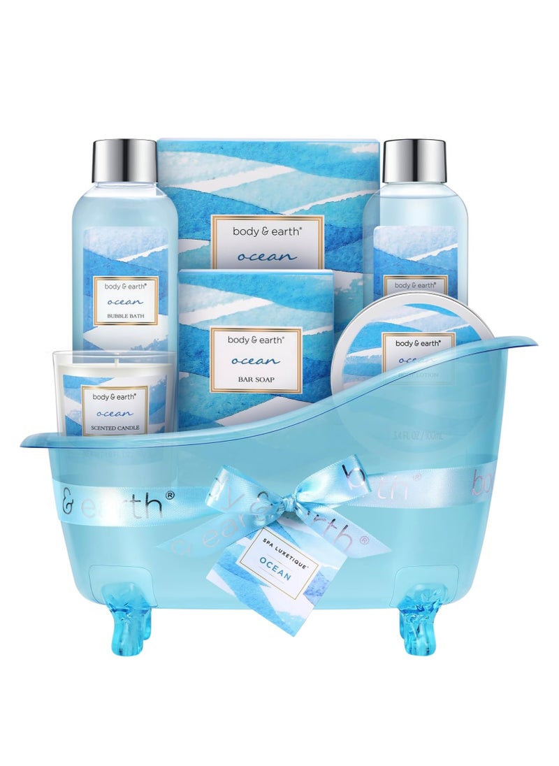 Bath Gift Set for Women,Body & Earth Home Spa Kit Scented with Ocean,Bath and Body Gift Basket Set,Spa Gifts for Women,7 Pcs Bath Set,Best Gift Ideal for Her