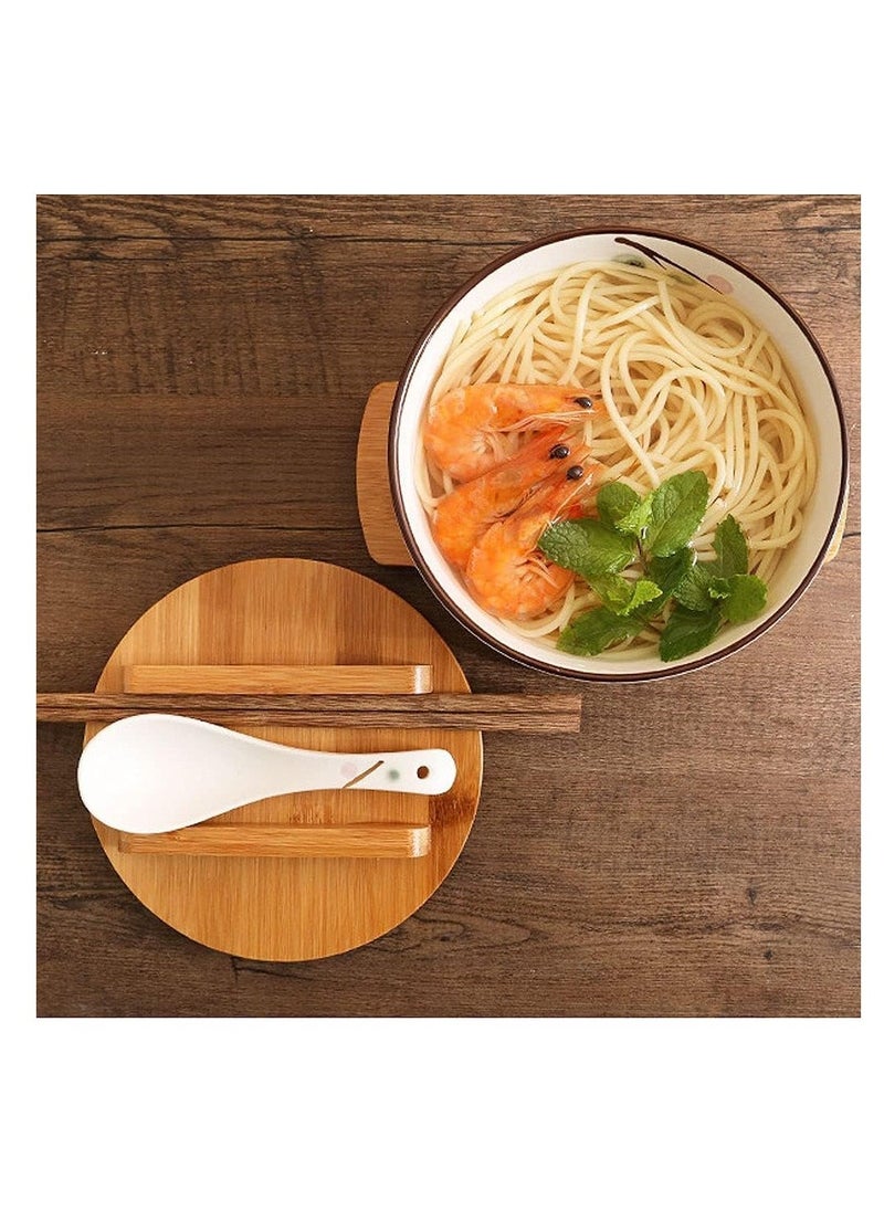 White Ceramic Bowl with Lid, Spoon, Chopsticks - Japanese Traditional Style Tableware