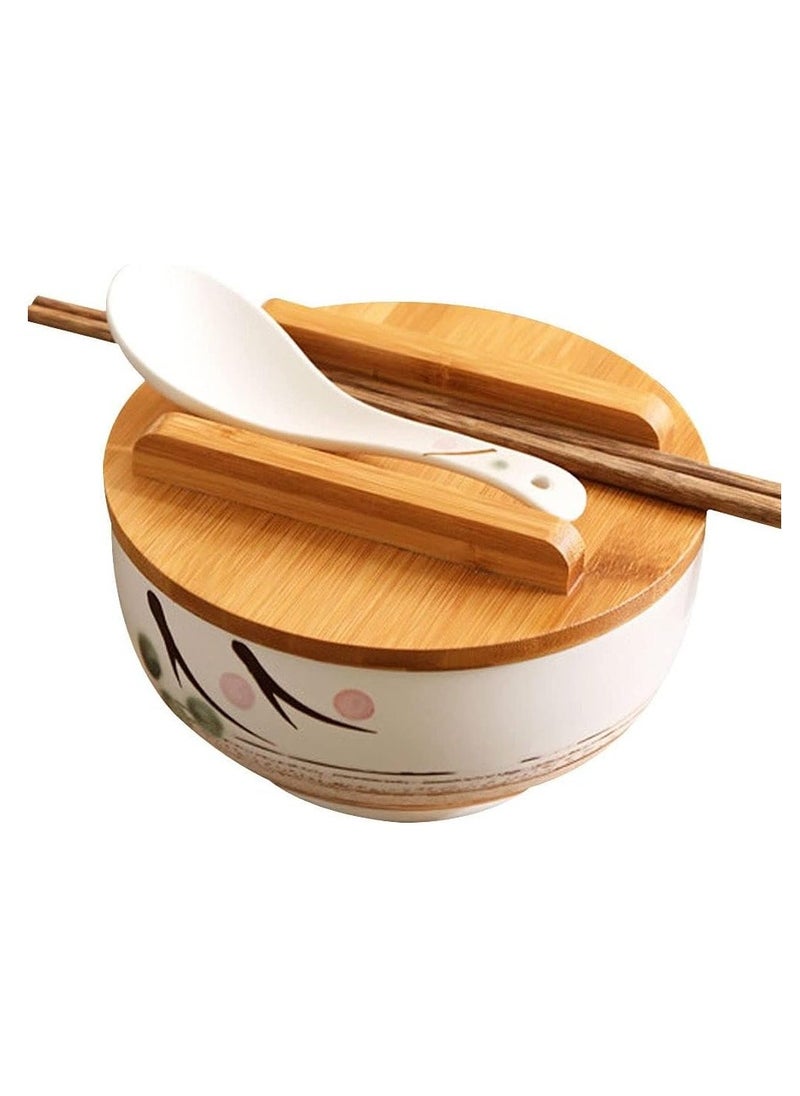 White Ceramic Bowl with Lid, Spoon, Chopsticks - Japanese Traditional Style Tableware