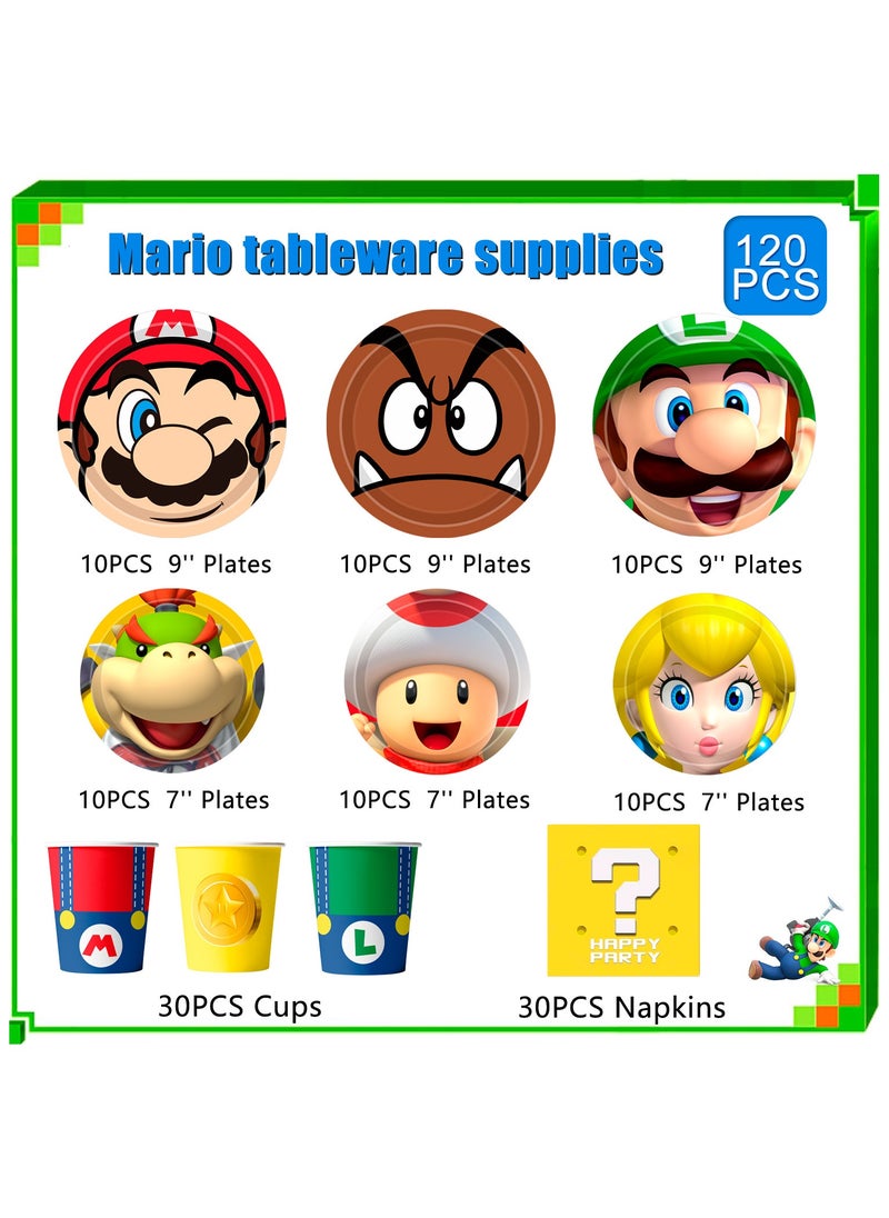 Super Mario Birthday Decorations Tableware,120pcs Super Mario Plates and Napkins Set- 30pcs 9'' Mario Party Plates, 30pcs 7'' Super Mario Cake Plates Mario Napkins Cups For 30 Person