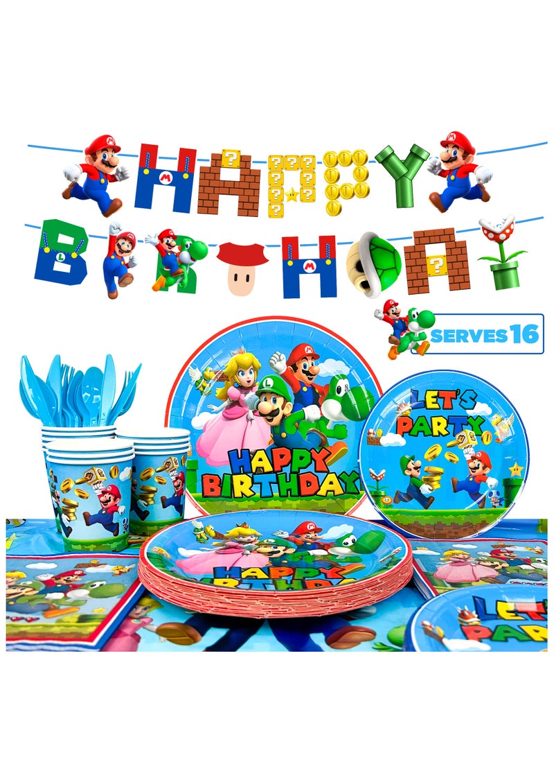 Super Mario Brothers Birthday Party Supplies-128pcs Super Mario Tableware Set - Super Mario Party Plates and Napkins Cups Tablecloth & Banner etc Party Decorations