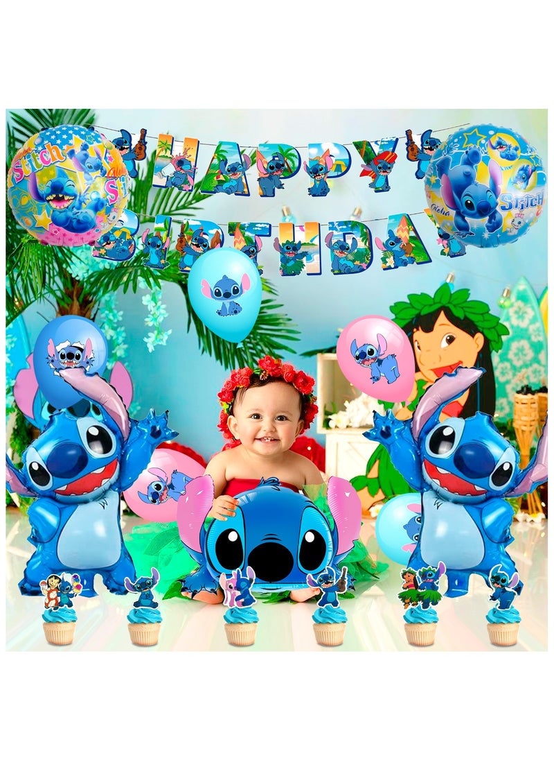 Stitch Party Decorations for 10 Guests, Stitch Birthday Party Disposable Tableware Stitch Themed Party Plates Balloons Banner Tablecloth