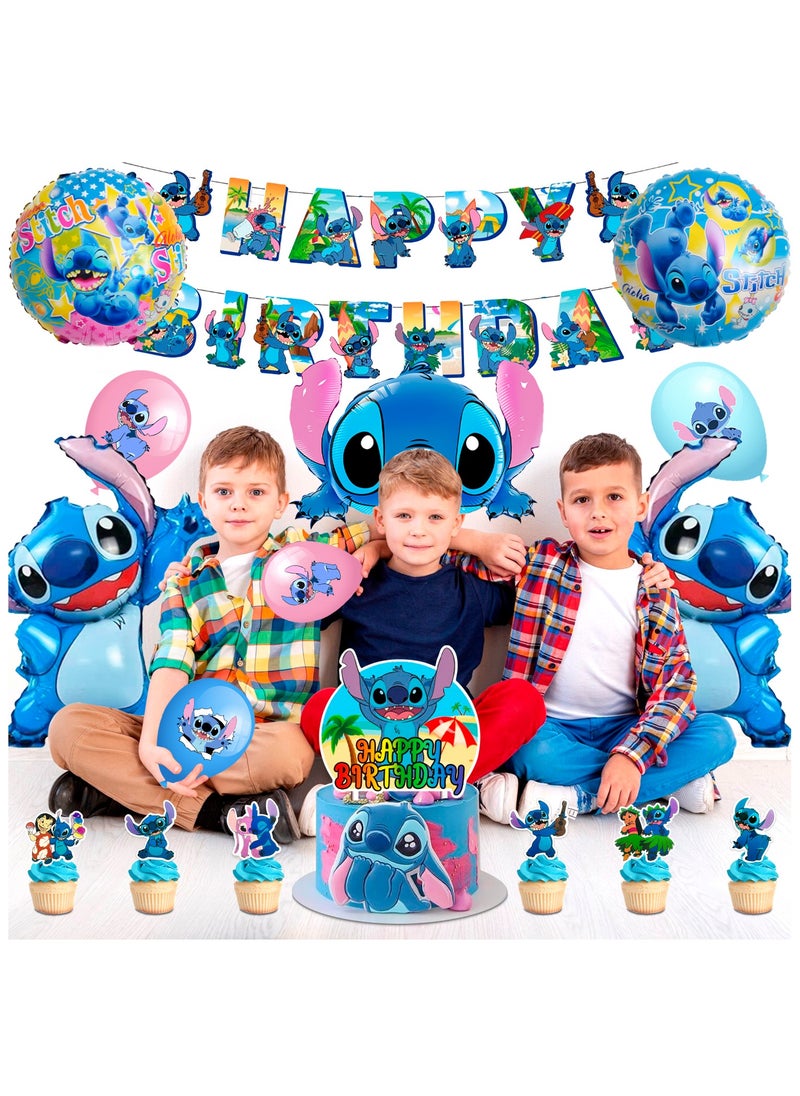 Stitch Party Decorations for 10 Guests, Stitch Birthday Party Disposable Tableware Stitch Themed Party Plates Balloons Banner Tablecloth