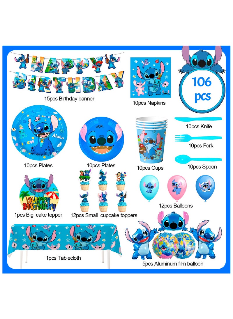 Stitch Party Decorations for 10 Guests, Stitch Birthday Party Disposable Tableware Stitch Themed Party Plates Balloons Banner Tablecloth