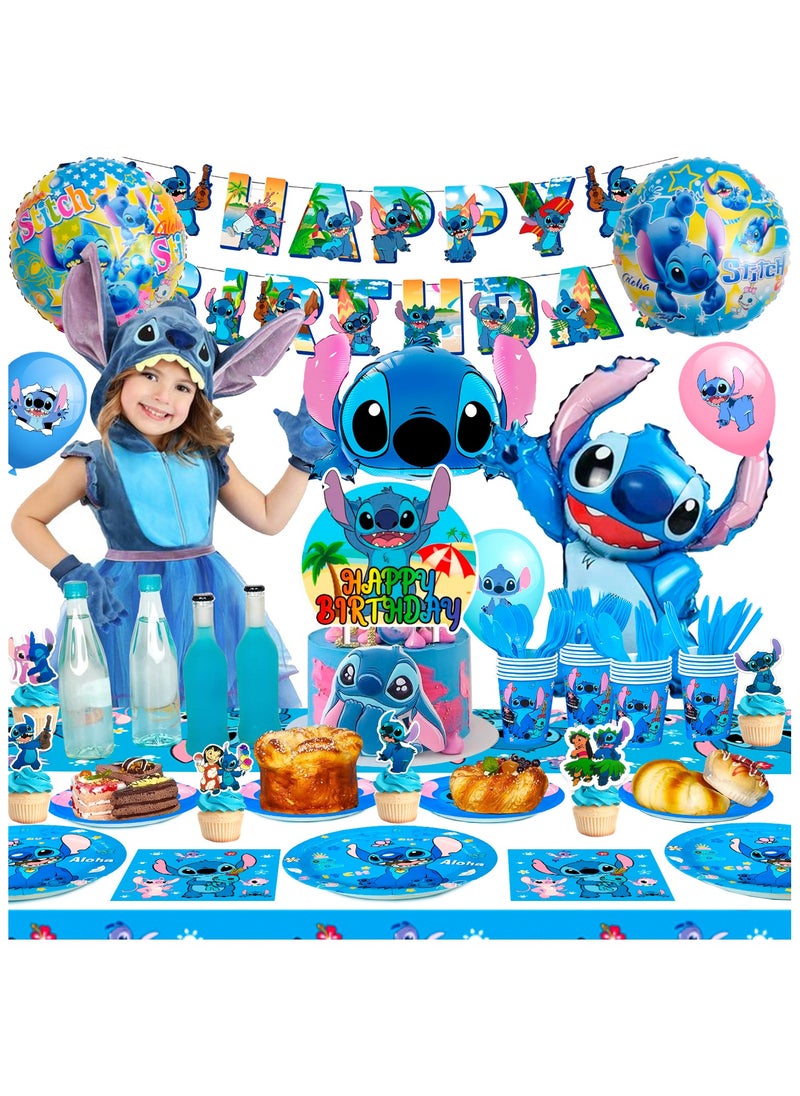Stitch Party Decorations for 10 Guests, Stitch Birthday Party Disposable Tableware Stitch Themed Party Plates Balloons Banner Tablecloth