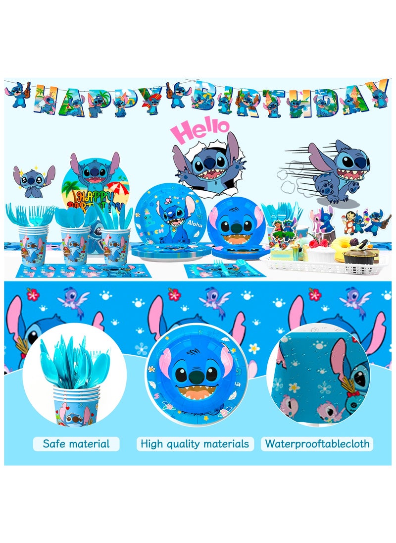 Stitch Party Decorations for 10 Guests, Stitch Birthday Party Disposable Tableware Stitch Themed Party Plates Balloons Banner Tablecloth