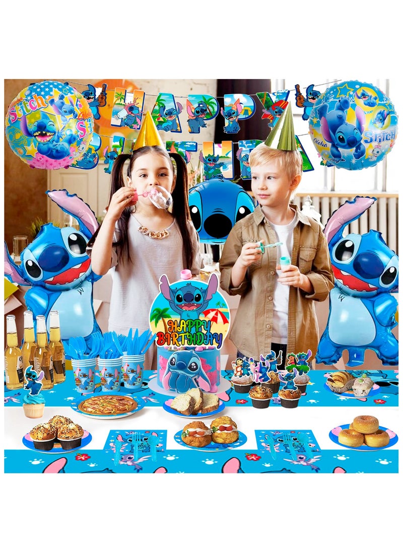 Stitch Party Decorations for 10 Guests, Stitch Birthday Party Disposable Tableware Stitch Themed Party Plates Balloons Banner Tablecloth