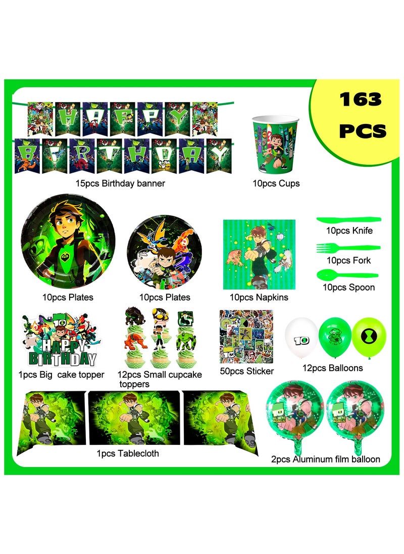 Ben-10 Themed Birthday Party Supplies,163pcs Cartoon 10 Party Decorations & Tableware Set - Cartoon Decorations Banner Balloons Plates Napkins Cups Tablecloth Cake Topper etc Cartoon Party Supplies