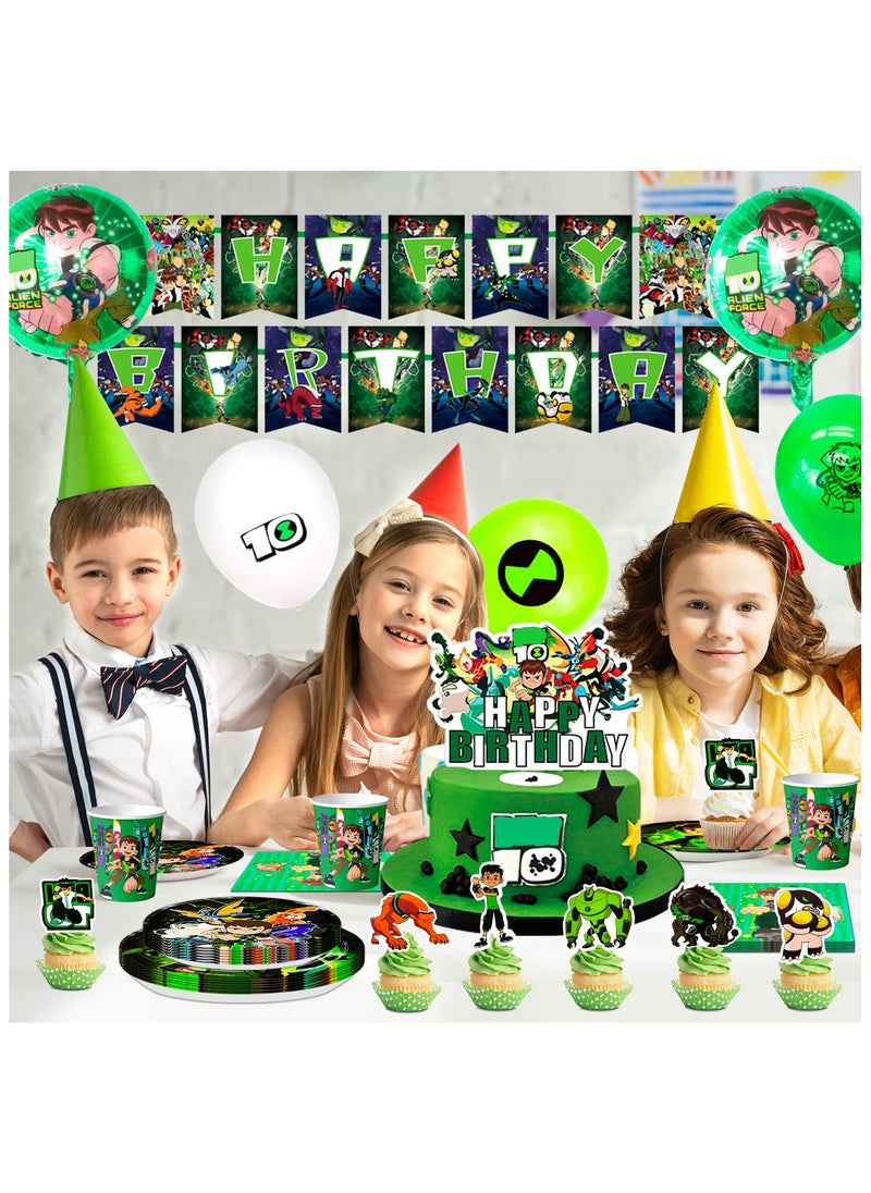 Ben-10 Themed Birthday Party Supplies,163pcs Cartoon 10 Party Decorations & Tableware Set - Cartoon Decorations Banner Balloons Plates Napkins Cups Tablecloth Cake Topper etc Cartoon Party Supplies