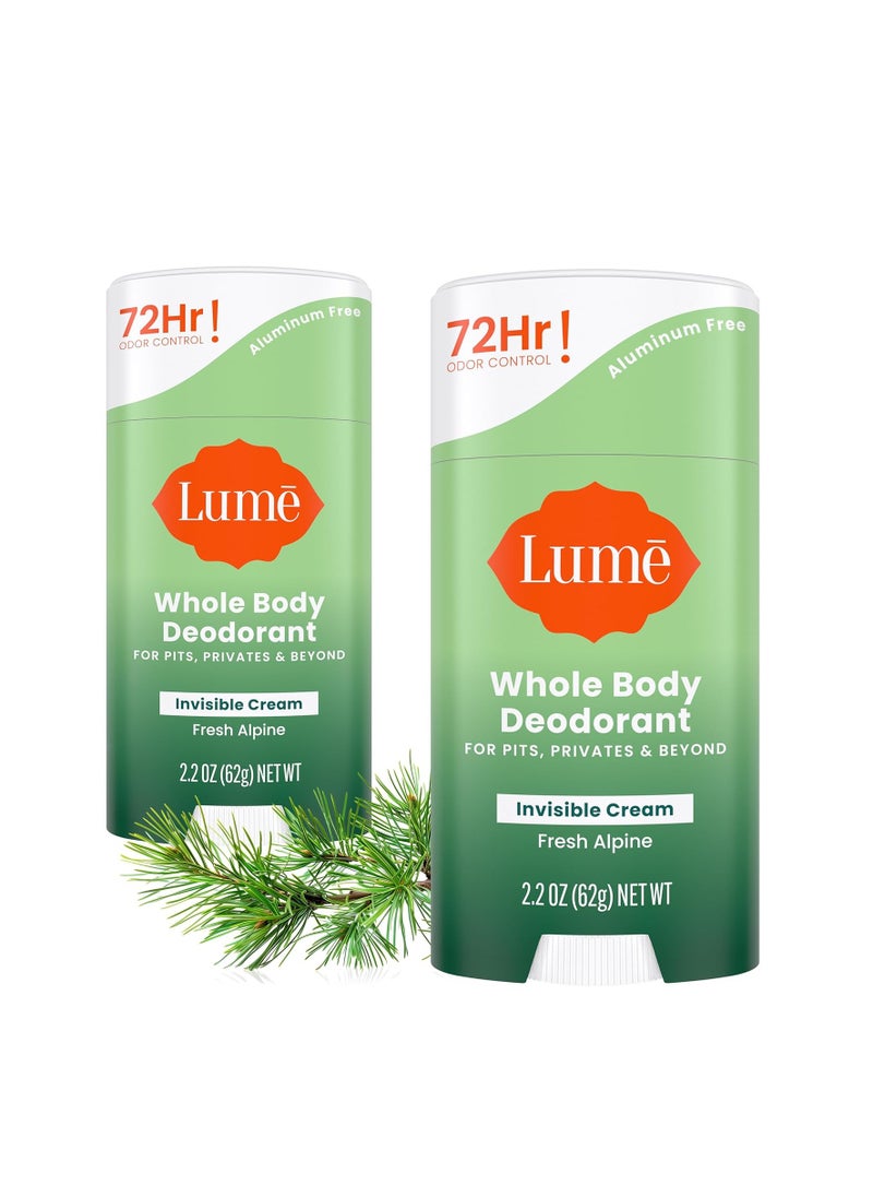 Lume Whole Body Deodorant - Invisible Cream Stick - 72 Hour Odor Control - Aluminum Free, Baking Soda Free, Skin Safe - 2.2 Ounce (Pack of 2) (Fresh Alpine)