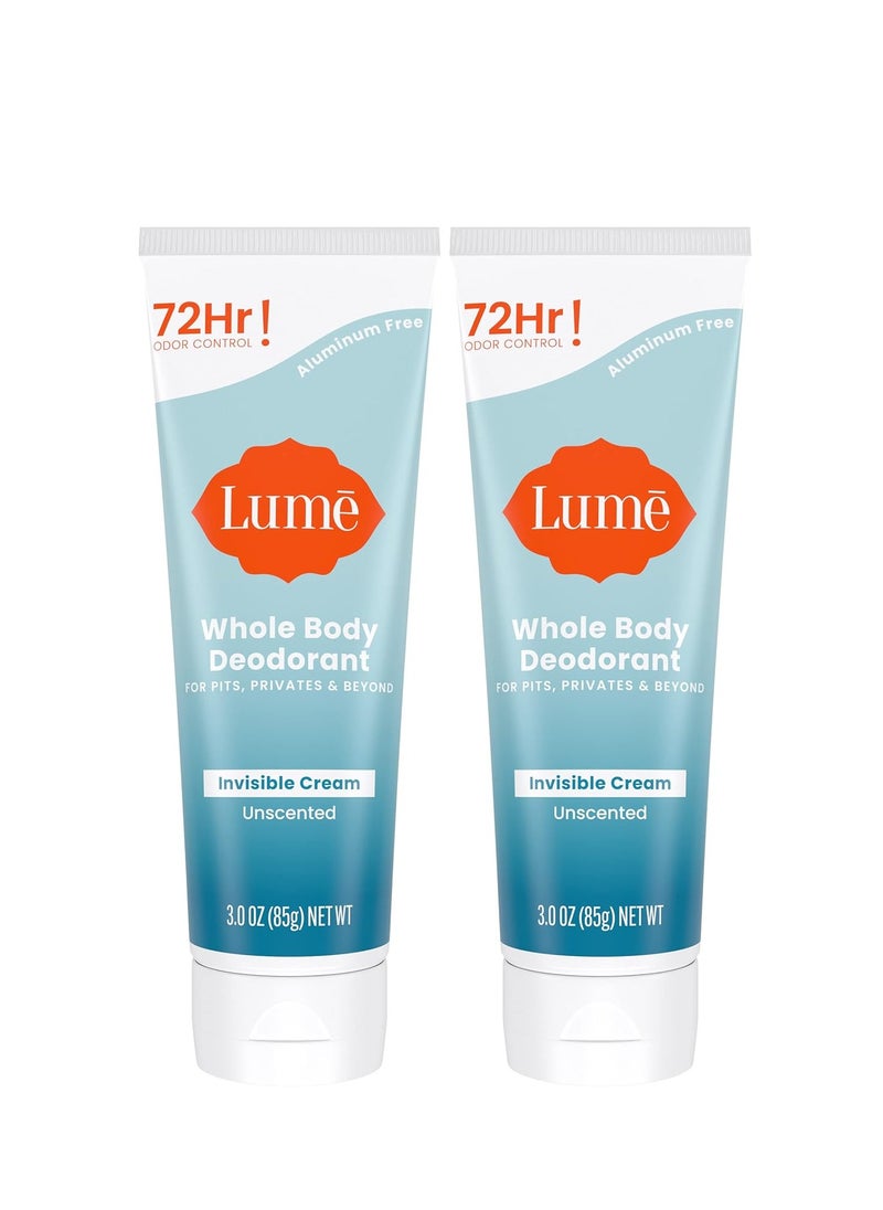 Lume Whole Body Deodorant - Invisible Cream Tube - 72 Hour Odor Control - Aluminum Free, Baking Soda Free, Skin Safe - 3.0 ounce (Pack of 2) (Unscented)