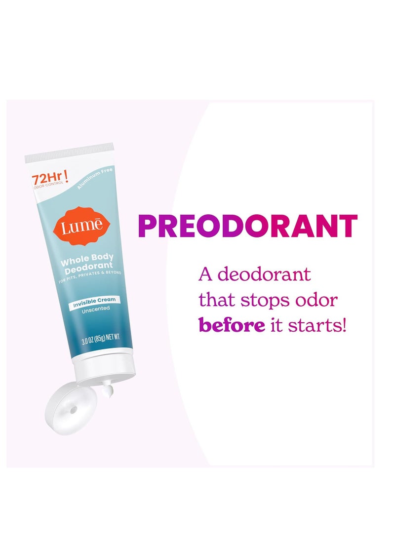 Lume Whole Body Deodorant - Invisible Cream Tube - 72 Hour Odor Control - Aluminum Free, Baking Soda Free, Skin Safe - 3.0 ounce (Pack of 2) (Unscented)