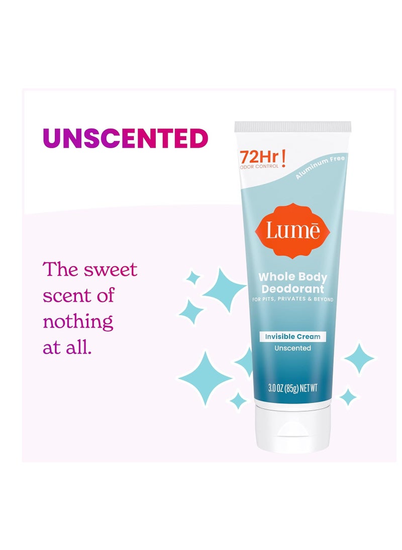 Lume Whole Body Deodorant - Invisible Cream Tube - 72 Hour Odor Control - Aluminum Free, Baking Soda Free, Skin Safe - 3.0 ounce (Pack of 2) (Unscented)