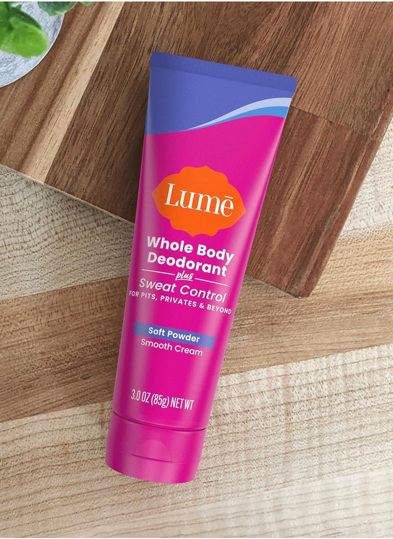 Lume Whole Body Deodorant Plus Sweat Control - Smooth Cream Tube - 72 Hour Odor And Sweat Control - Baking Soda Free, Skin Loving - 3.0 ounce (Pack of 2) (Soft Powder)