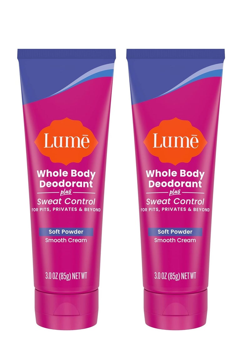 Lume Whole Body Deodorant Plus Sweat Control - Smooth Cream Tube - 72 Hour Odor And Sweat Control - Baking Soda Free, Skin Loving - 3.0 ounce (Pack of 2) (Soft Powder)