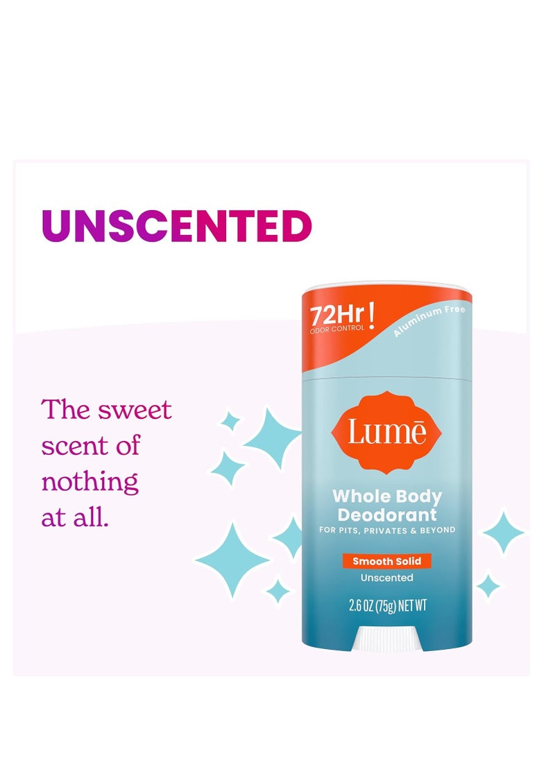 Lume Whole Body Deodorant - Smooth Solid Stick - 72 Hour Odor Control - Aluminum Free, Baking Soda Free and Skin Safe - 2.6 Ounce (Pack of 2) (Unscented)