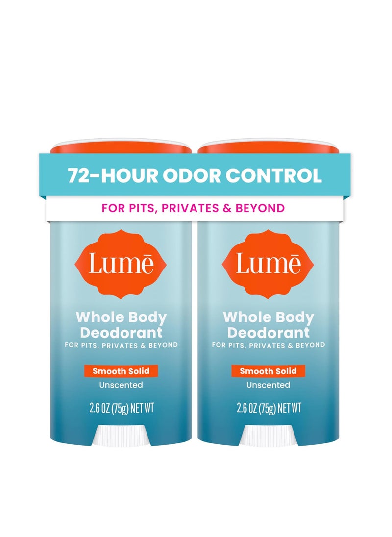 Lume Whole Body Deodorant - Smooth Solid Stick - 72 Hour Odor Control - Aluminum Free, Baking Soda Free and Skin Safe - 2.6 Ounce (Pack of 2) (Unscented)