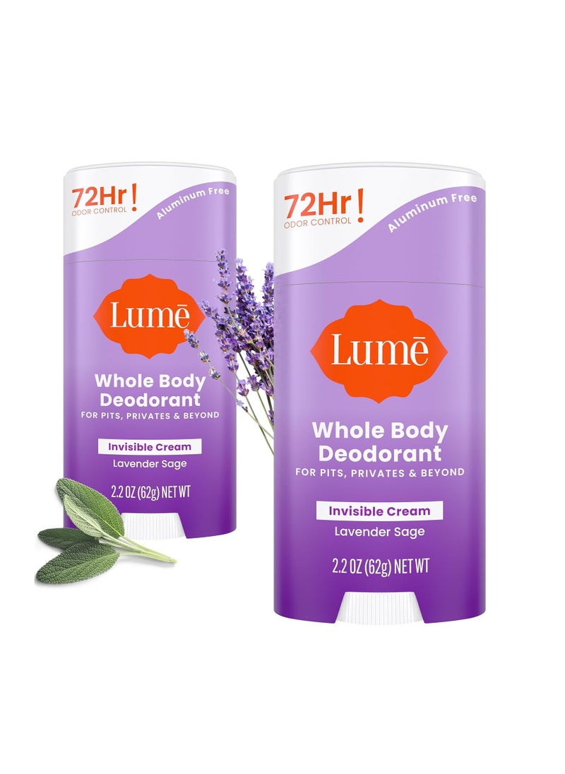 Lume Deodorant Cream Stick - Underarms and Private Parts - Aluminum-Free, Baking Soda-Free, Hypoallergenic, and Safe For Sensitive Skin - 2.2 Ounce (Pack of 2) (Lavender Sage)