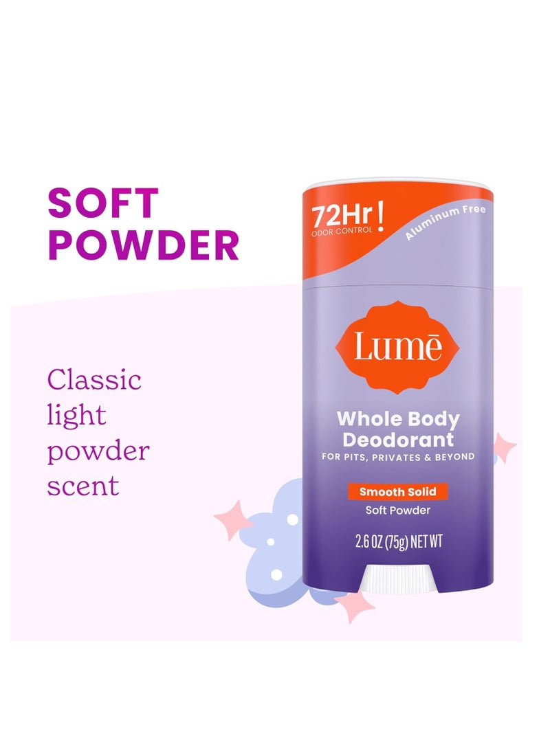 Lume Whole Body Deodorant - Smooth Solid Stick - 72 Hour Odor Control - Aluminum Free, Baking Soda Free and Skin Safe - 2.6 Ounce (Pack of 2) (Soft Powder)