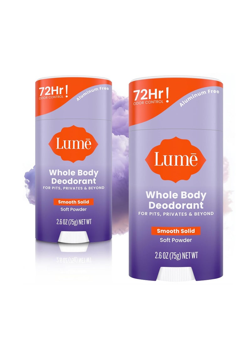 Lume Whole Body Deodorant - Smooth Solid Stick - 72 Hour Odor Control - Aluminum Free, Baking Soda Free and Skin Safe - 2.6 Ounce (Pack of 2) (Soft Powder)