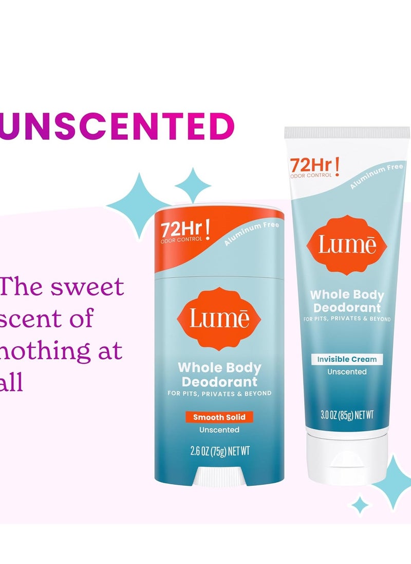 Lume Whole Body Deodorant - Invisible Cream and Solid Unscented - 72 Hour Odor Control - Aluminum & Baking Soda Free, Skin Safe - 3 oz Cream & 2.6 oz Solid Bundle