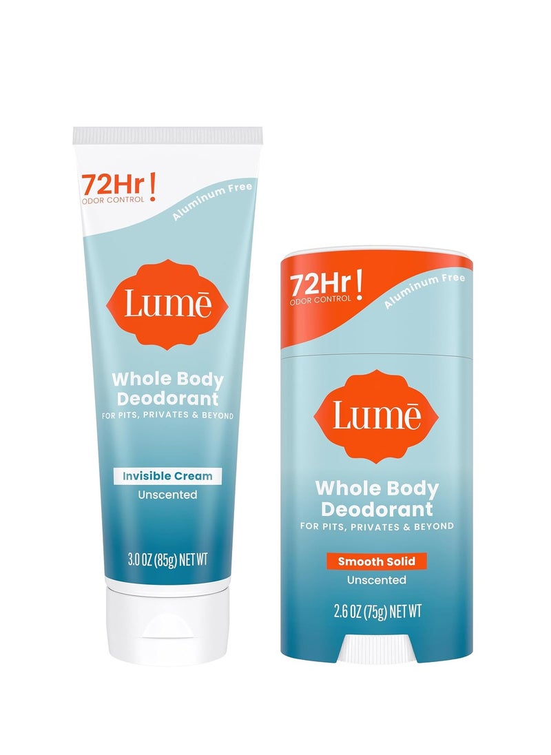 Lume Whole Body Deodorant - Invisible Cream and Solid Unscented - 72 Hour Odor Control - Aluminum & Baking Soda Free, Skin Safe - 3 oz Cream & 2.6 oz Solid Bundle