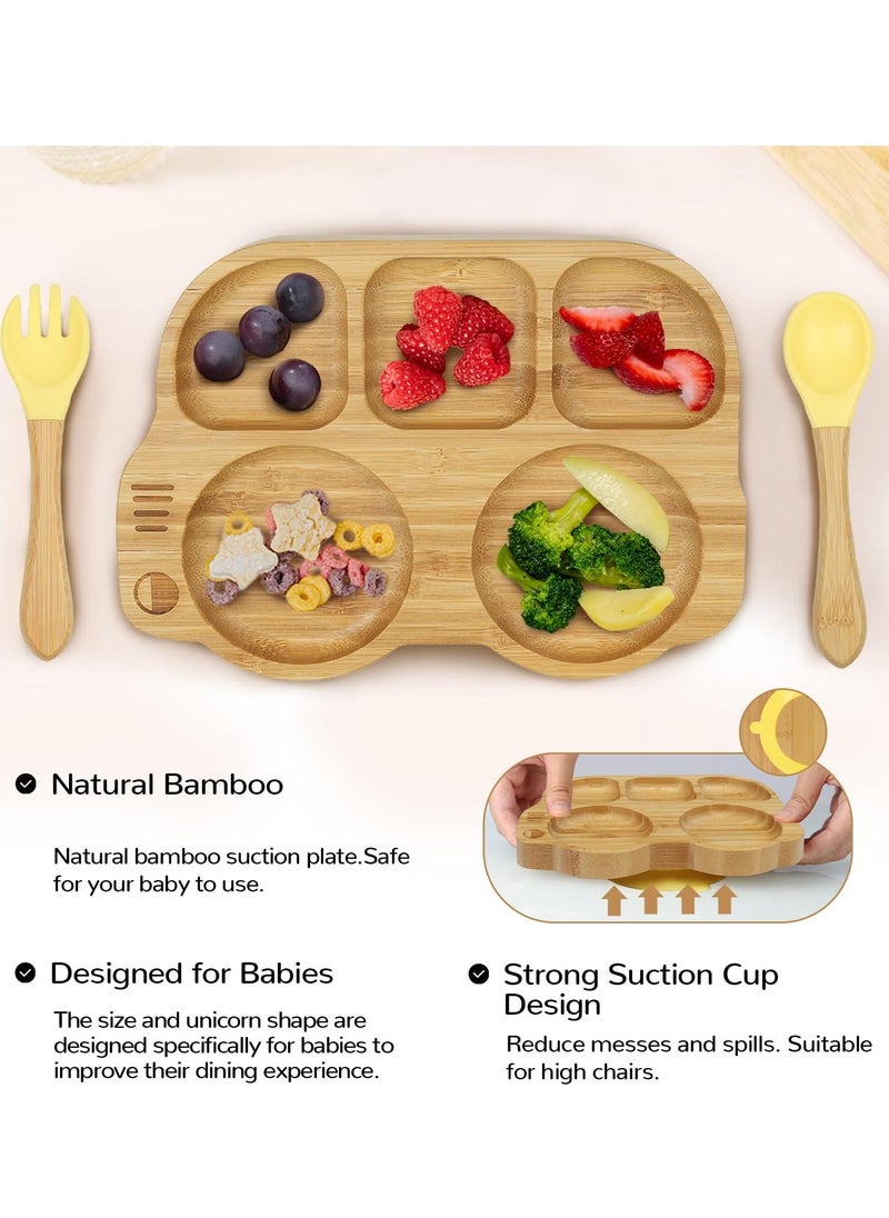 Toddler Bamboo Plate With Suction, Toddler Plate Set With Spoon Fork, Car Shaped Design Divided Plate, BPA FREE, Yellow