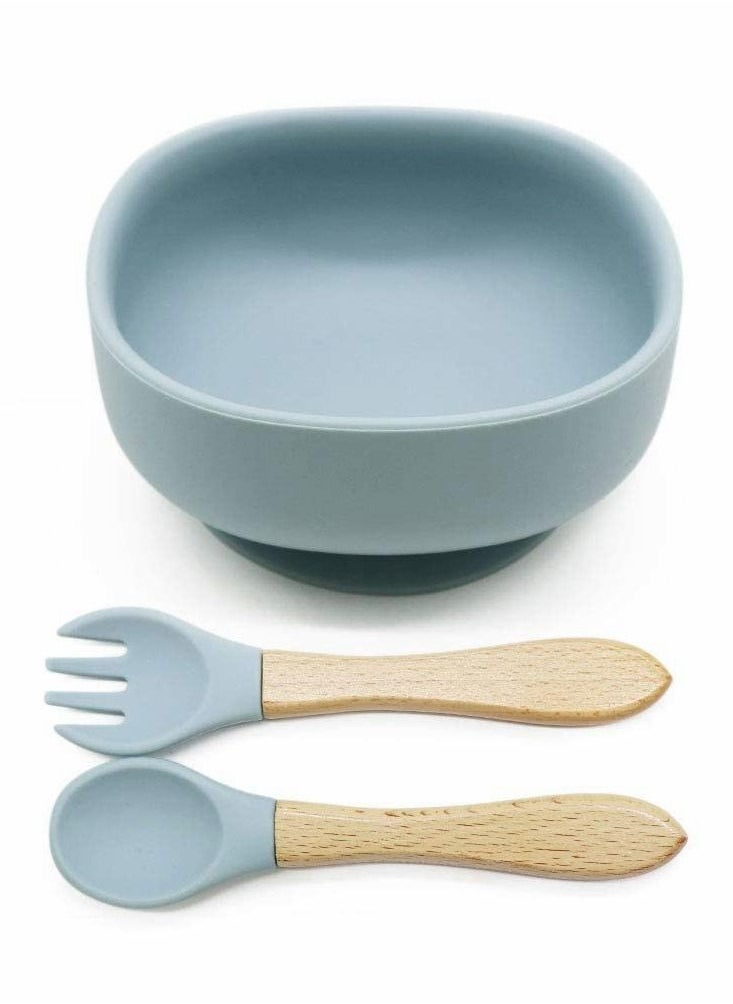 Silicone Suction Bowls for Baby, Baby Led Weaning Spoon and Fork, Baby Dishes and Utensils Set for Boy & Girl, Baby Tableware Set, Toddler Eating Supplies, Infant Dinnerware (Dusty Blue)