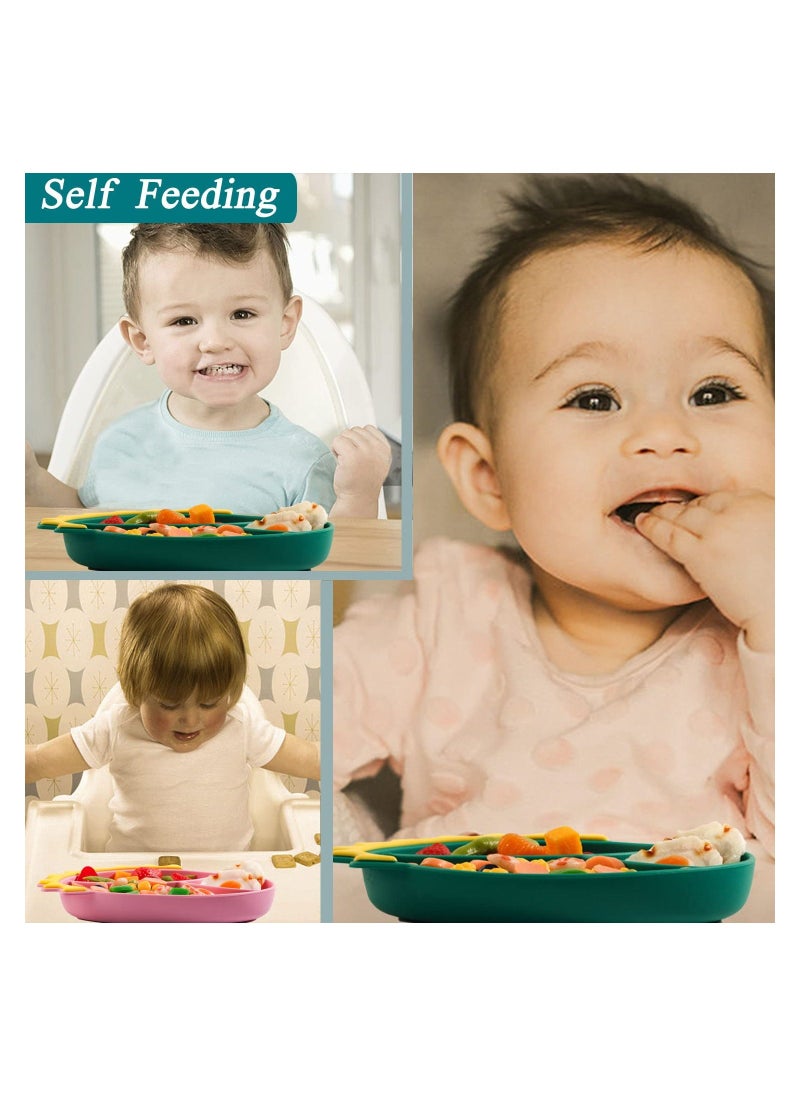 Silicone Toddler Plates Baby Feeding Set Silicone Suction Plates for Baby with Spoon and Fork Set Kids Divided Grip Dish Self Feeding Training Baby Dinner Plate Microwave Dishwasher Safe