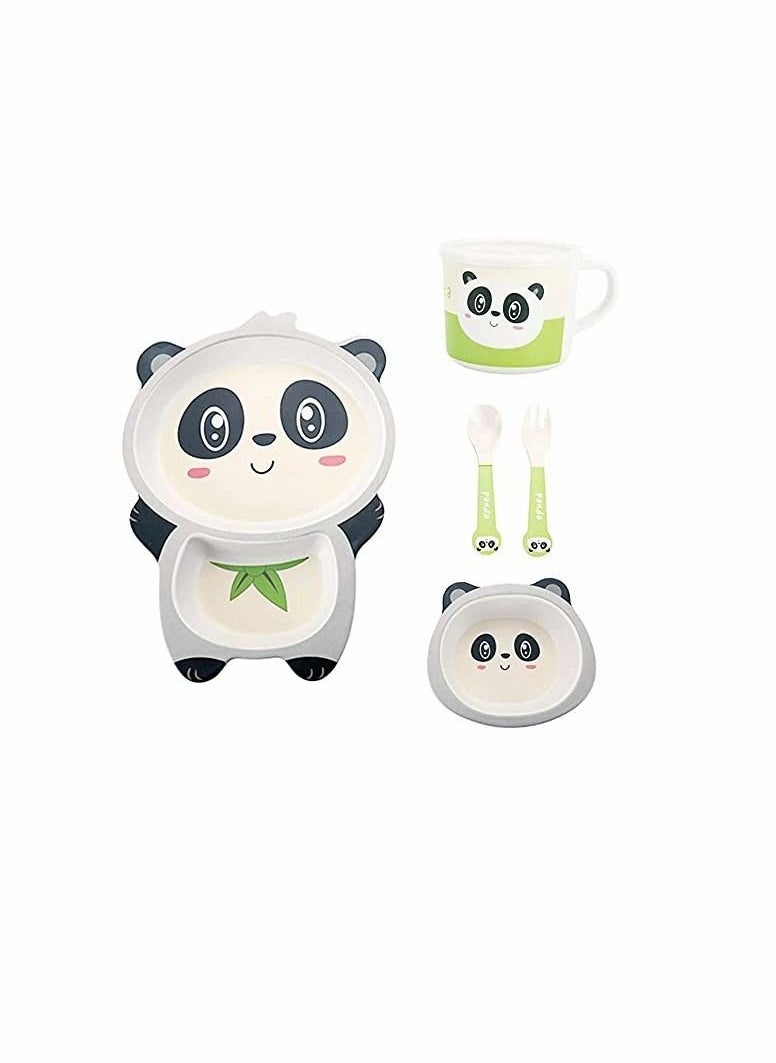 5Pcs/Set Kids Dinnerware Set,Children Dishes,Food Plate Bowl Cup Spoon Fork Set Natural Bamboo Fiber Dishware,BPA Free Dishwasher Safe (Panda)