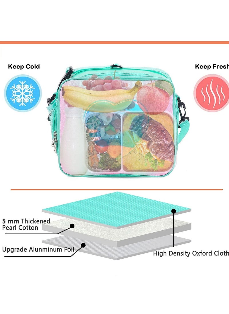 Children's Lunch Box, Rainbow Laser Tote Leakproof Insulated Lunch Bag Reusable Insulated Bento Bag Picnic Ice Bag Girls Simple Shoulder Bag for School and Outdoor Backpack (Green)