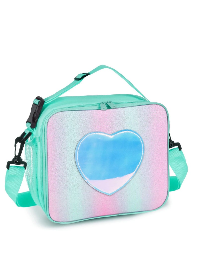 Children's Lunch Box, Rainbow Laser Tote Leakproof Insulated Lunch Bag Reusable Insulated Bento Bag Picnic Ice Bag Girls Simple Shoulder Bag for School and Outdoor Backpack (Green)