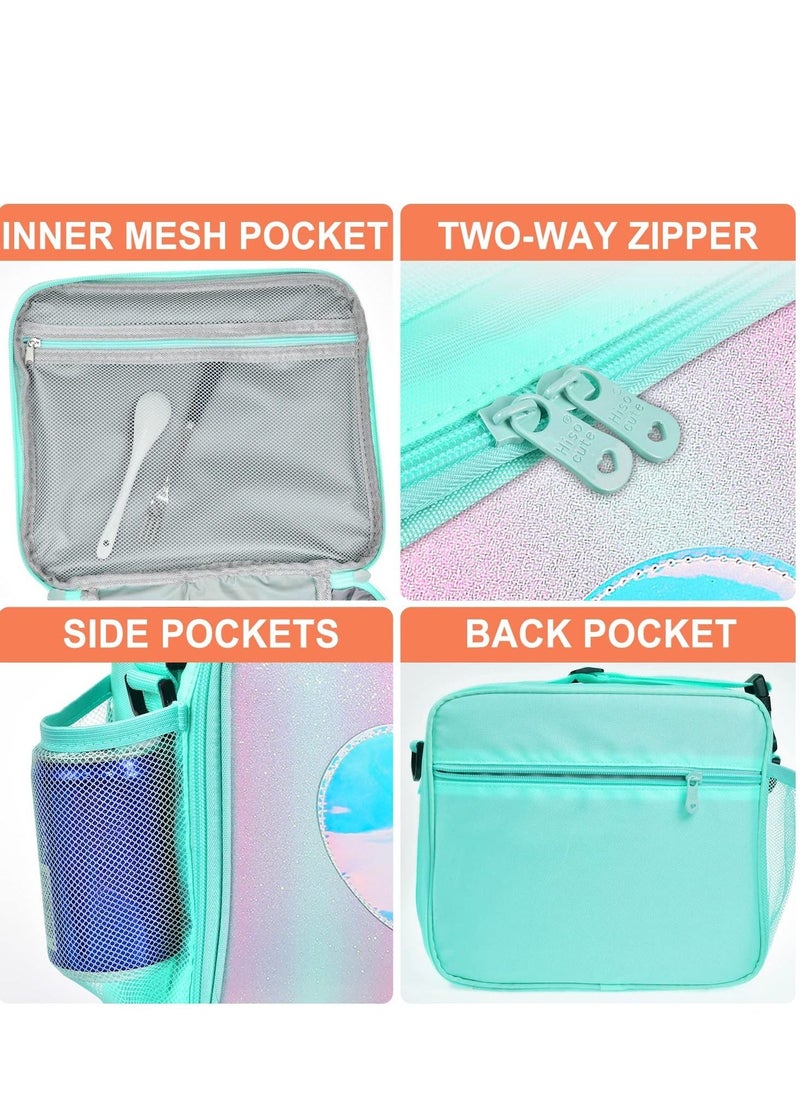 Children's Lunch Box, Rainbow Laser Tote Leakproof Insulated Lunch Bag Reusable Insulated Bento Bag Picnic Ice Bag Girls Simple Shoulder Bag for School and Outdoor Backpack (Green)