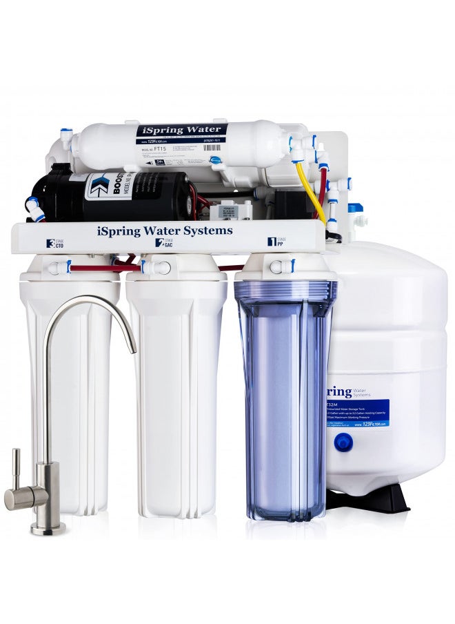 iSpring RCC7P 75 GPD Reverse Osmosis System with Pump, 5-Stage Boosted Performance Superb Taste Under Sink Reverse Osmosis Drinking Water Filtration System with Brushed Nickel Faucet