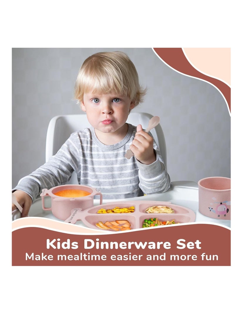 6-Piece Wheat Straw Baby Feeding Set in Pink Plane Design - Eco-Friendly, Lightweight, and Durable Dinnerware for Toddlers and Young Children