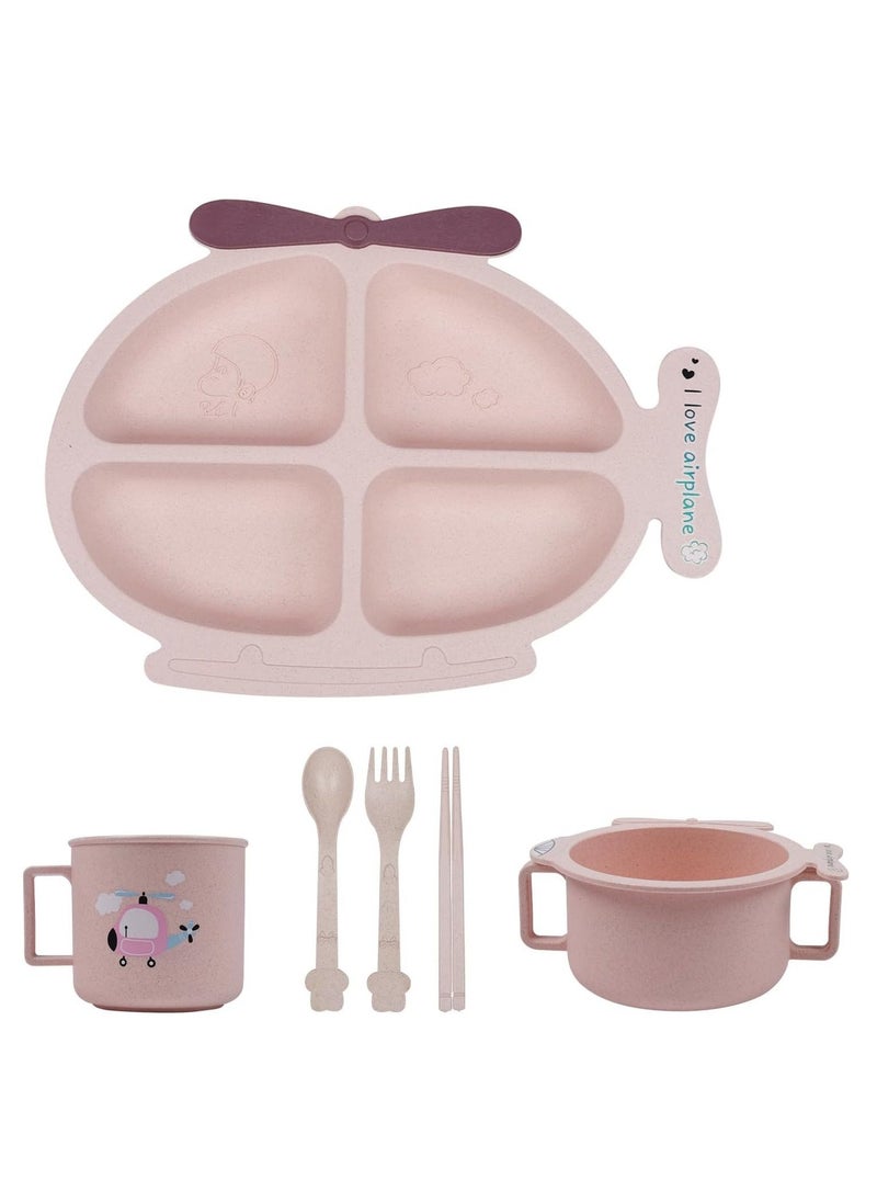 6-Piece Wheat Straw Baby Feeding Set in Pink Plane Design - Eco-Friendly, Lightweight, and Durable Dinnerware for Toddlers and Young Children