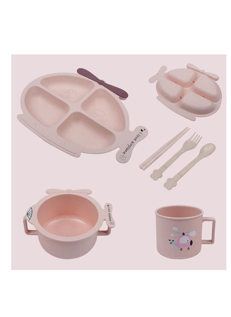 6-Piece Wheat Straw Baby Feeding Set in Pink Plane Design - Eco-Friendly, Lightweight, and Durable Dinnerware for Toddlers and Young Children