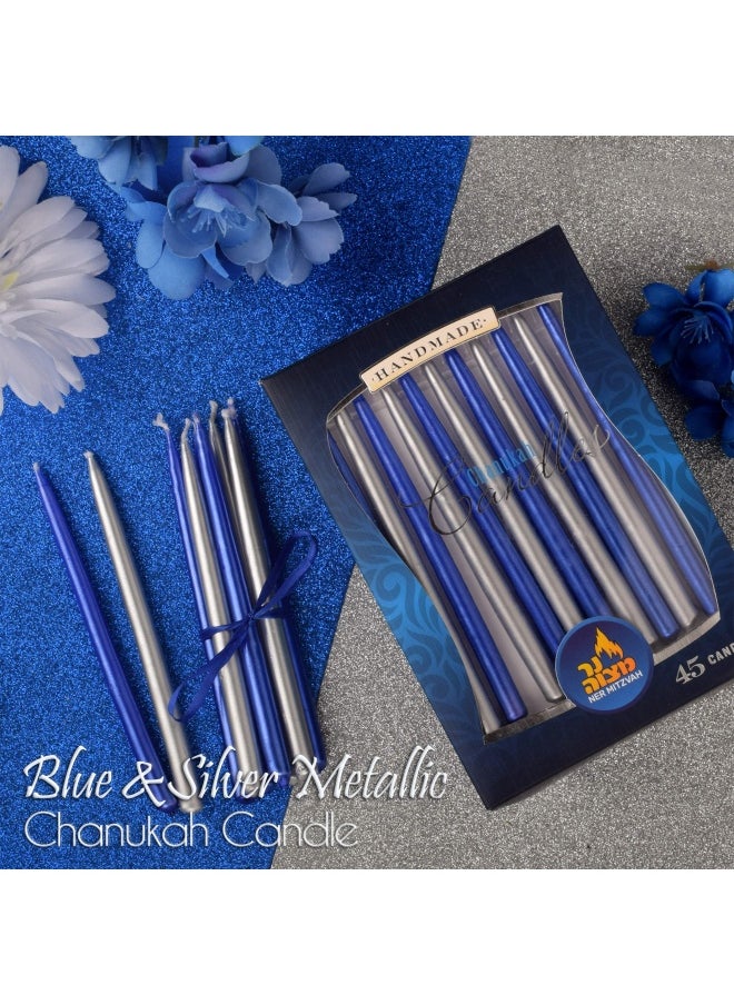 Hanukkah Candles - Metallic Blue and Silver Dripless Chanukah Candle - Premium Quality Wax - 45pk. for All 8 Nights of Hanukkah